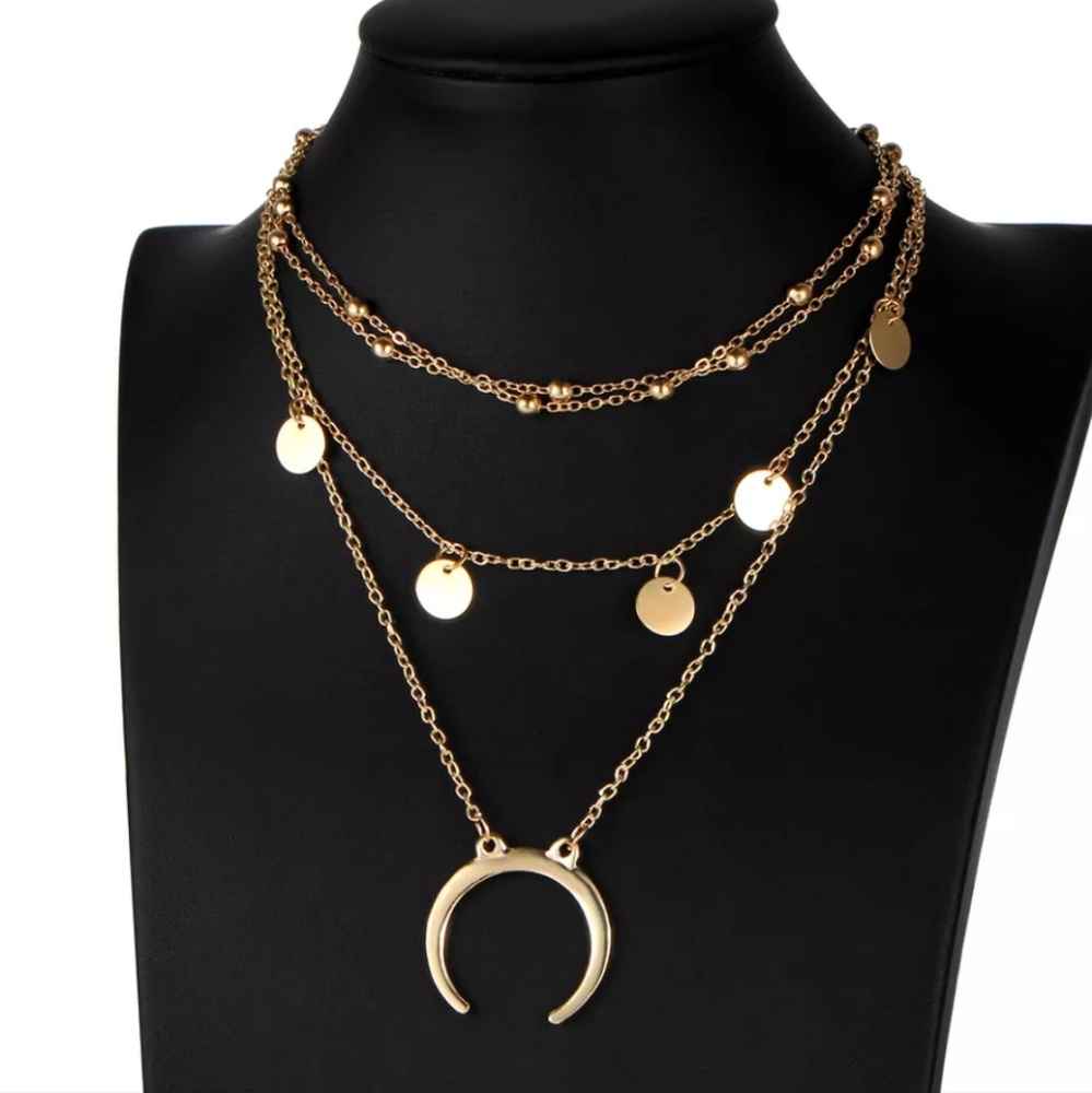 Necklace Choker Round Moon Pendant Multi - Layer